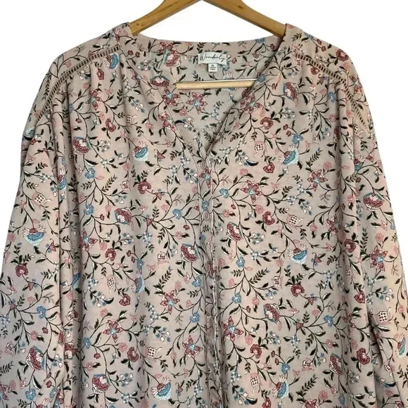 Wonderly Blush Pink Floral Boho Button Up Blouse XL 3/4 Sleeves Lightweight - Picture 1 of 8